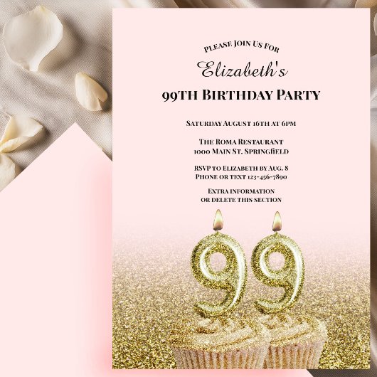 Pink and Gold 99th Birthday Invitation For Her 招待状