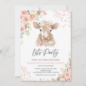 Pink And Gold Boho Florals Cow Birthday Party 招待状 (正面)