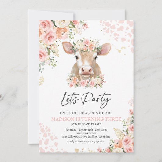 Pink And Gold Boho Florals Cow Birthday Party  招待状 (正面)