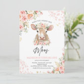 Pink And Gold Boho Florals Cow Birthday Party  招待状 (スタンド正面)