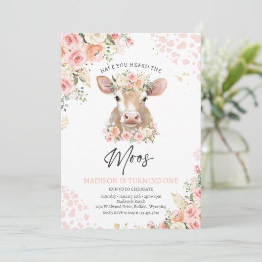 Pink And Gold Boho Florals Cow Birthday Party  招待状 (スタンド正面)
