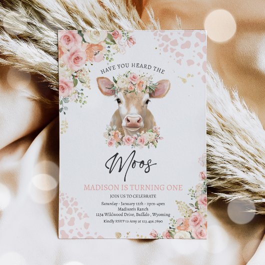 Pink And Gold Boho Florals Cow Birthday Party  招待状