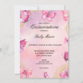 Pink and Gold Butterfly Quinceanera Invitation 招待状 (正面)