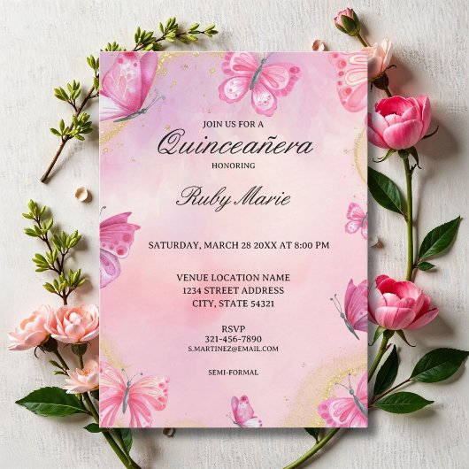 Pink and Gold Butterfly Quinceanera Invitation 招待状