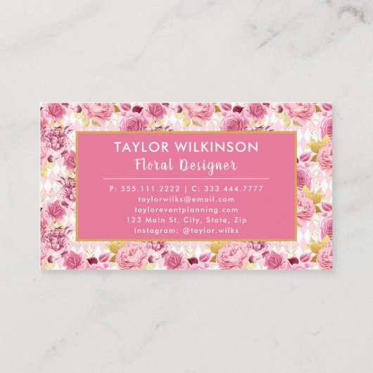 Pink and Gold Floral Roses with Harlequin Diamonds 名刺 (裏面)