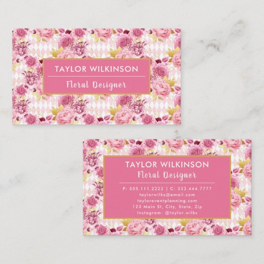 Pink and Gold Floral Roses with Harlequin Diamonds 名刺 (正面/裏面)
