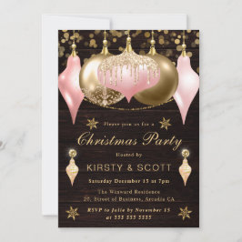 Pink and Gold Glitter Baubles Christmas Party 招待状