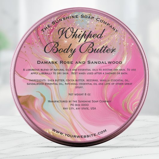 Pink and Gold Glitter Body Butter Jar Label ラウンドシール