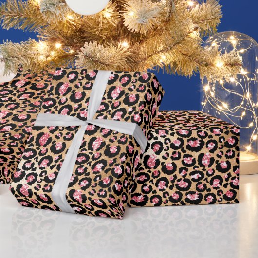 Pink and Gold Glitter Glam Leopard Spots Pattern ラッピングペーパー (クリスマス)