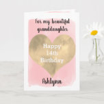 Pink and Gold Happy 14th Birthday Granddaughter カード<br><div class="desc">A pretty watercolor 14th birthday card for granddaughter that features a watercolor heart against a pretty pink watercolor, which you can personalize underneath the heart with her name. The inside of this pretty birthday card reads a birthday sentiment, which can be easily personalized. The back features the same heart along...</div>
