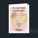 Pink and Gold Happy 14th Birthday Granddaughter カード<br><div class="desc">A pretty watercolor 14th birthday card for granddaughter that features a watercolor heart against a pretty pink watercolor, which you can personalize underneath the heart with her name. The inside of this pretty birthday card reads a birthday sentiment, which can be easily personalized. The back features the same heart along...</div>