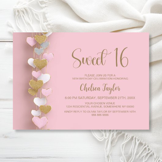 Pink and Gold Heart Theme Sweet 16 Birthday 招待状