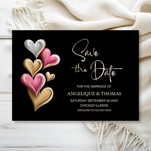 Pink and Gold Hearts Wedding Save the Date セーブザデート