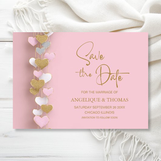 Pink and Gold Hearts Wedding Save the Date セーブザデート