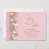 Pink and Gold Hearts Wedding Save the Date セーブザデート (正面)