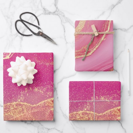 Pink and Gold Marble Elegant ラッピングペーパーシート (正面)
