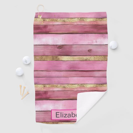 Pink and Gold Rustic Faux Wood Personalized ゴルフタオル (インサイチュ)