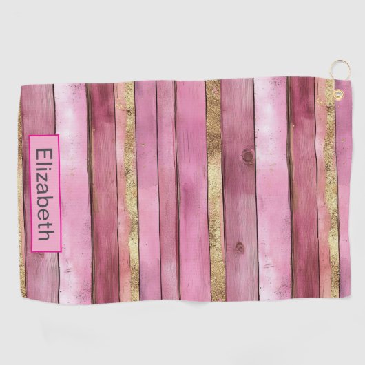 Pink and Gold Rustic Faux Wood Personalized ゴルフタオル (横)