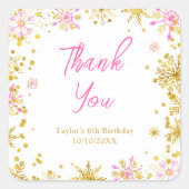 Pink and Gold Snowflakes Birthday Thank You スクエアシール (正面)