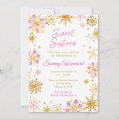 Pink and Gold Snowflakes Winter Sweet Sixteen 招待状 (正面)