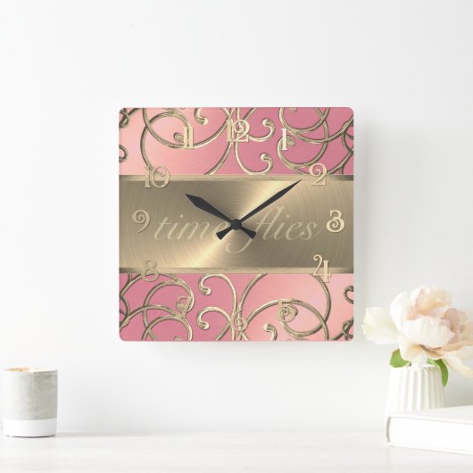 Pink and Gold Time Flies Clock スクエア壁時計 (ホーム)