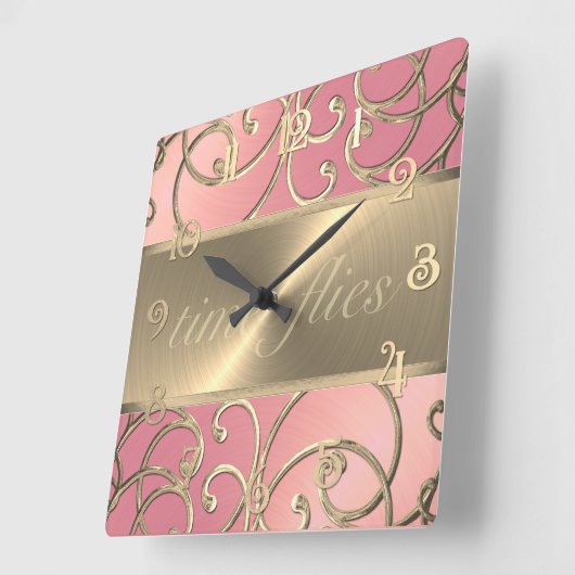 Pink and Gold Time Flies Clock スクエア壁時計 (傾斜)