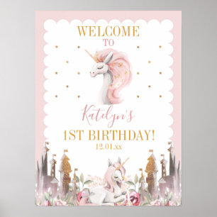 Pink and Gold Unicorn Birthday or Baby Shower Sign ポスター
