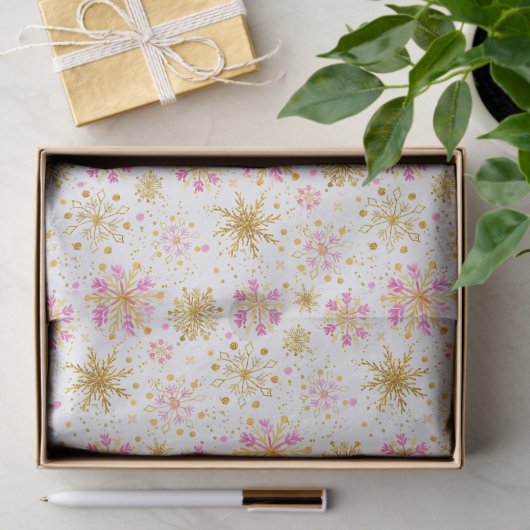 Pink and Gold Winter Snowflakes Pattern 薄葉紙 (ギフト)
