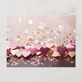 pink and golden hearts on golden glitter ポストカード