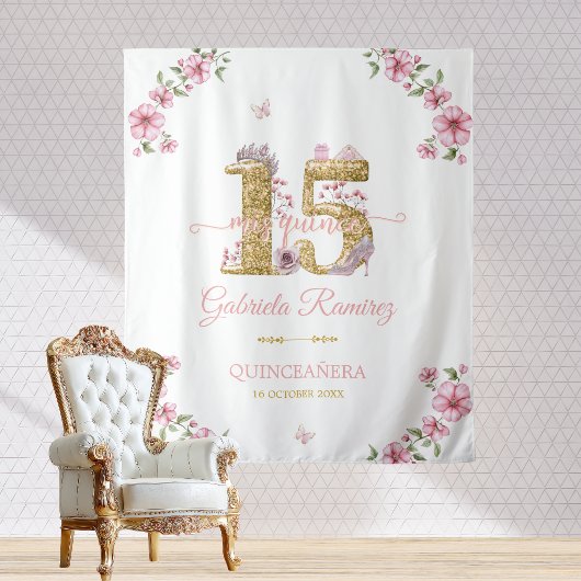 Pink and Golden Mis Quince Quinceañera Backdrop タペストリー