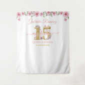 Pink and Golden Mis Quince Quinceañera Backdrop タペストリー (正面)