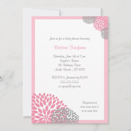 Pink and Gray Dahlia Baby Shower Invitation 招待状 (正面)
