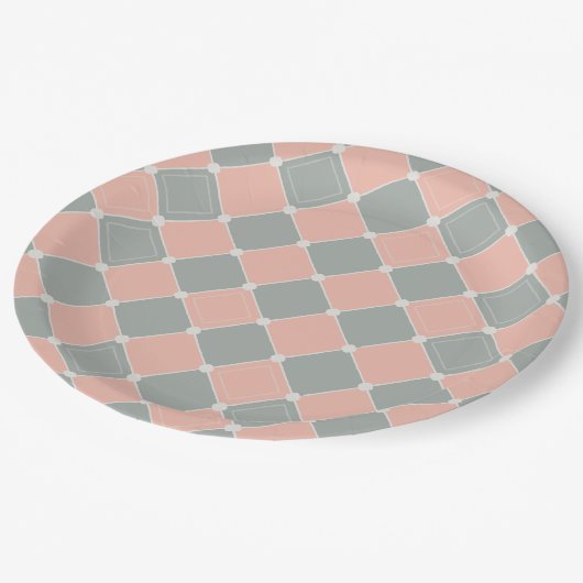 Pink and Gray Diamond Check Pattern ペーパープレート (アングル)