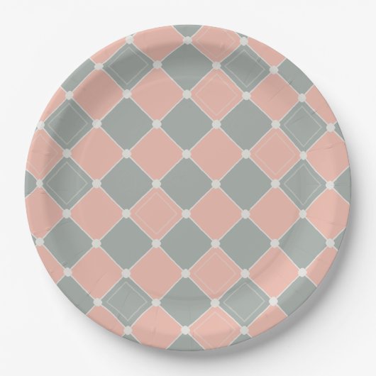 Pink and Gray Diamond Check Pattern ペーパープレート (正面)