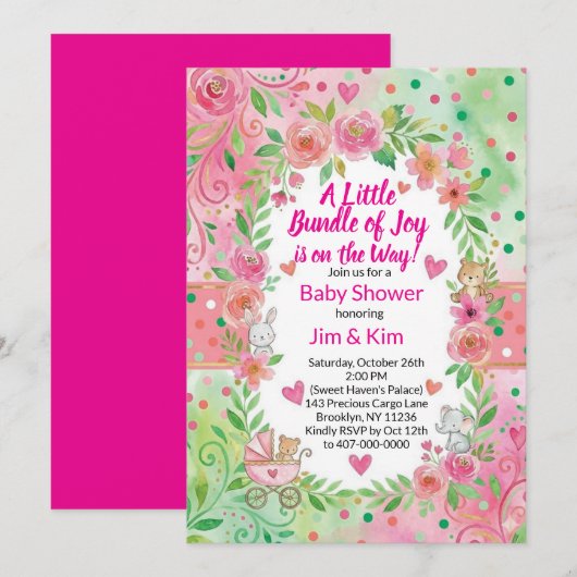 Pink and Green Baby Shower Invitation 招待状 (正面/裏面)