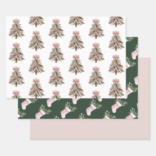 Pink and Green Brushstroke Christmas Flat Wrapping ラッピングペーパーシート (セット)