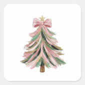 Pink and Green Brushstroke Christmas Tree Sticker スクエアシール (正面)