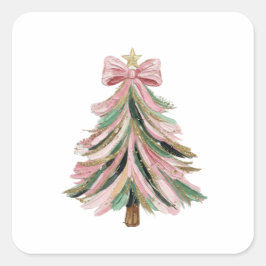 Pink and Green Brushstroke Christmas Tree Sticker スクエアシール
