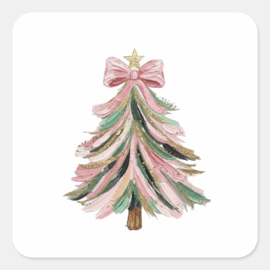 Pink and Green Brushstroke Christmas Tree Sticker スクエアシール (正面)