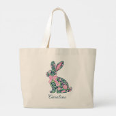 Pink and Green Chinoiserie Bunny With Bow ラージトートバッグ (裏面)