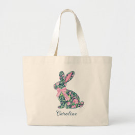 Pink and Green Chinoiserie Bunny With Bow ラージトートバッグ