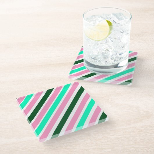 Pink and Green Christmas Candy Stripes ガラスコースター (アングル)