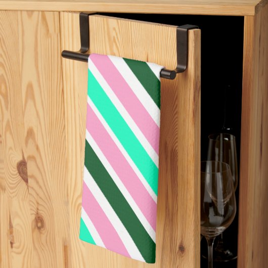 Pink and Green Christmas Candy Stripes キッチンタオル (三つ折り)