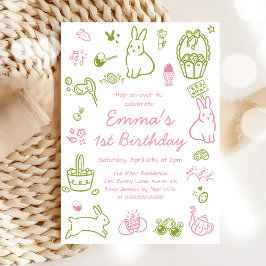 Pink and Green Easter 1st Birthday 招待状