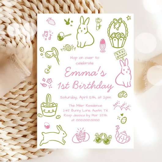 Pink and Green Easter 1st Birthday 招待状