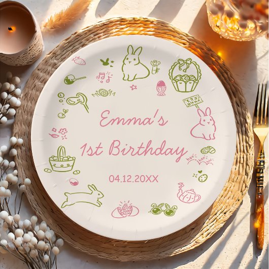 Pink and Green Easter 1st Birthday Party ペーパープレート