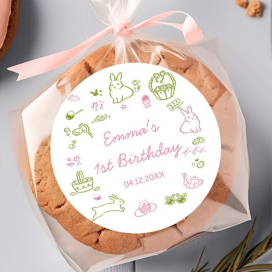 Pink and Green Easter 1st Birthday Party  ラウンドシール