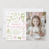 Pink and Green Easter 1st Birthday Photo 招待状 (正面)