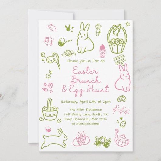 Pink and Green Easter Brunch and Egg Hunt Party 招待状 (正面)