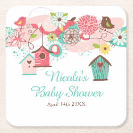 Pink and Green Floral Bird Cages Baby Shower スクエアペーパーコースター